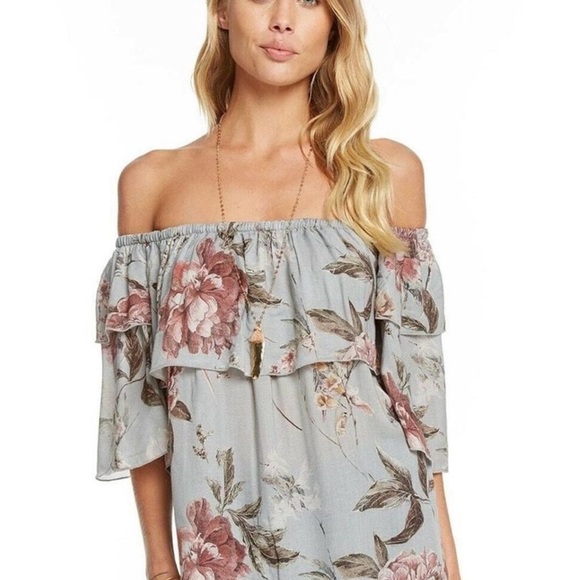 Chaser Off-Shoulder Floral Top Small Gray & Pink NWT Soft Stretch + Boho Bloom - Picture 2 of 5